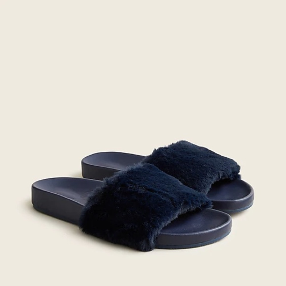 J.Crew Pacific fluffy-strap faux fur slides shoes in navy BA189